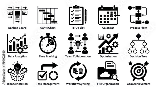 Business Process Icons: Kanban, Gantt, Calendar, Analytics, Teamwork, Goals