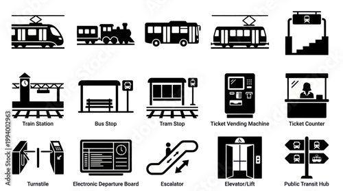 Public Transportation Transit System Glyph Icons Set - Black  White Symbols
