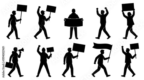 Social Justice Protest Activism Silhouette Vector Set with People Holding Signs and Megaphones