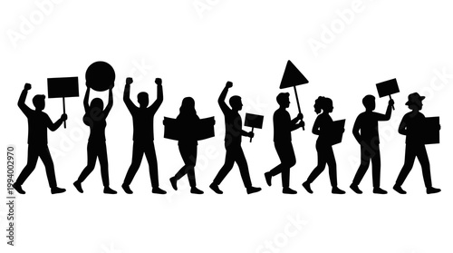 Social Justice Protest March People Silhouette Vector Illustration with Activists and Signs