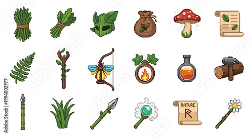 A collection of eighteen nature-inspired fantasy icons in a pixel art style, featuring magical staves, herbal bundles, weapons, and ancient scrolls.