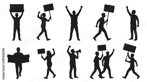 Activism and Protest People Silhouettes Holding Signs - Social Issues Vector Art