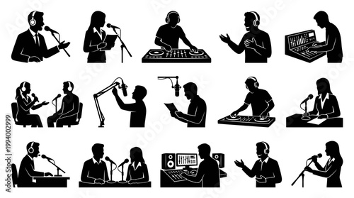 Black  White Silhouettes of People in Radio  Podcast Studio