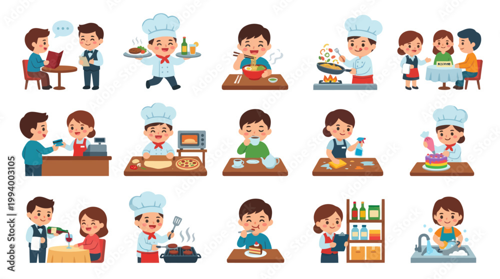 Fototapeta premium Flat Cartoon Vector Food Service Occupations Set: Restaurant Staff, Chef Waiter Characters