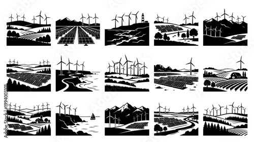 Renewable Energy Landscape Silhouettes with Wind Turbines and Solar Panels Icons