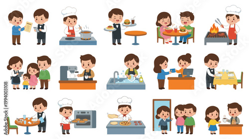 Food Service and Restaurant Industry Flat Vector Illustrations Set