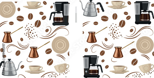 Seamless Coffee Pattern Featuring Coffee Beans, Cups, Kettle, Turkish Pot, and Brewing Equipment for Cafe Menu, Packaging, Textile, and Beverage Design