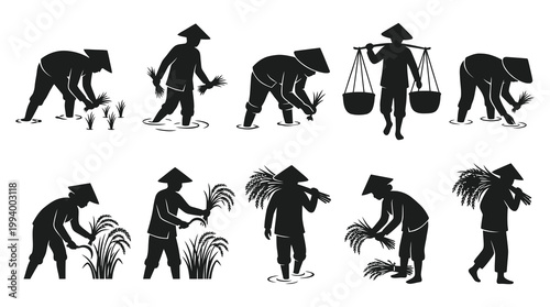 Agriculture Asian Farmers Rice Cultivation Silhouette Vector Icon Set