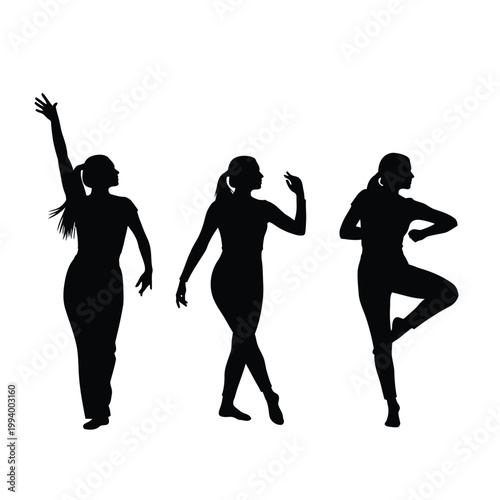 Three women dancing silhouettes isolated on white background