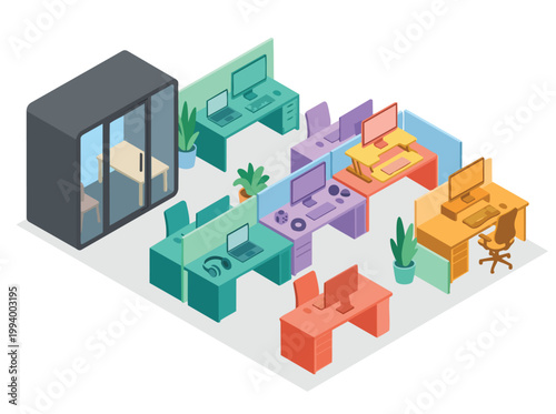Flat vector illustration promoting neurodiversity awareness in a modern office, showcasing diverse workspaces for an inclusive environment designed for all, fostering better work experiences