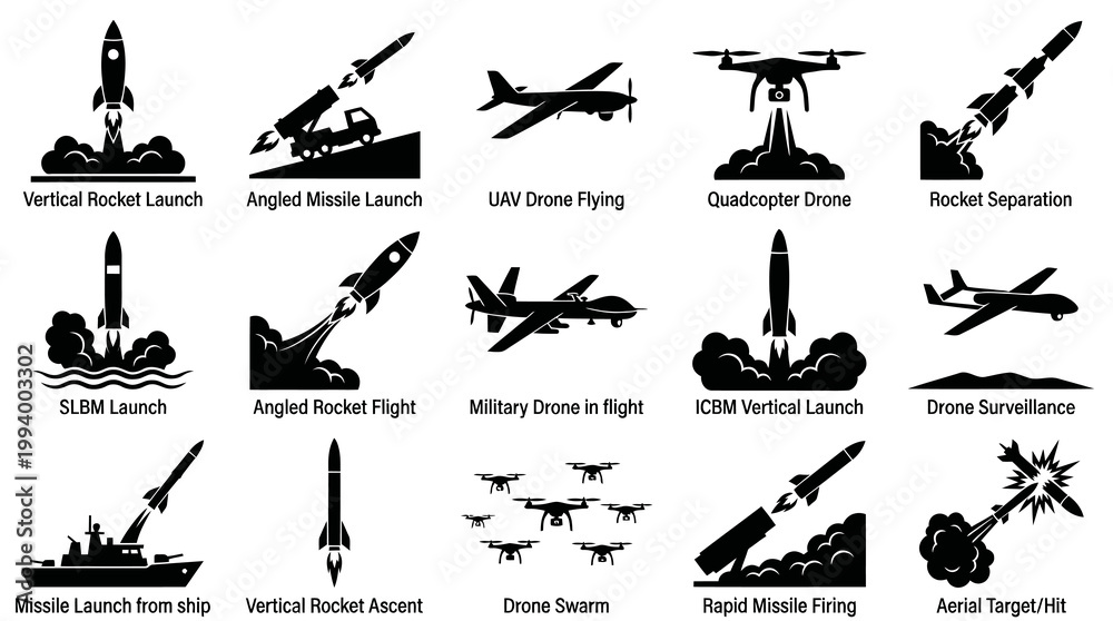Obraz premium Black and White Icons of Military Missiles, Drones, and Launches