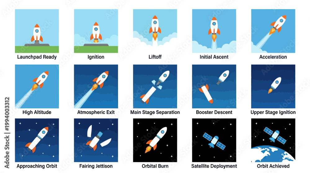 Fototapeta premium Flat Design Rocket Launch Stages, Space Exploration Technology