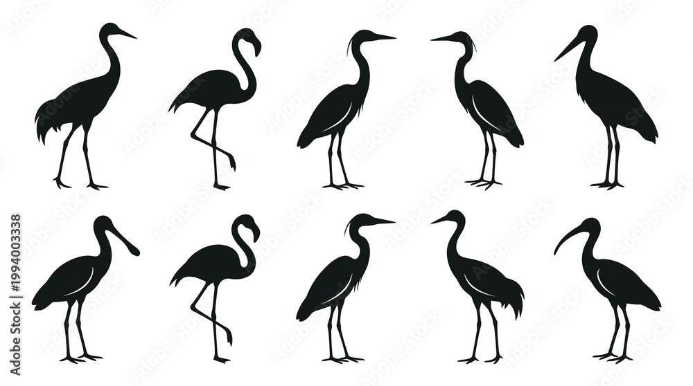 Fototapeta premium Black White Silhouette of Various Birds on White Background