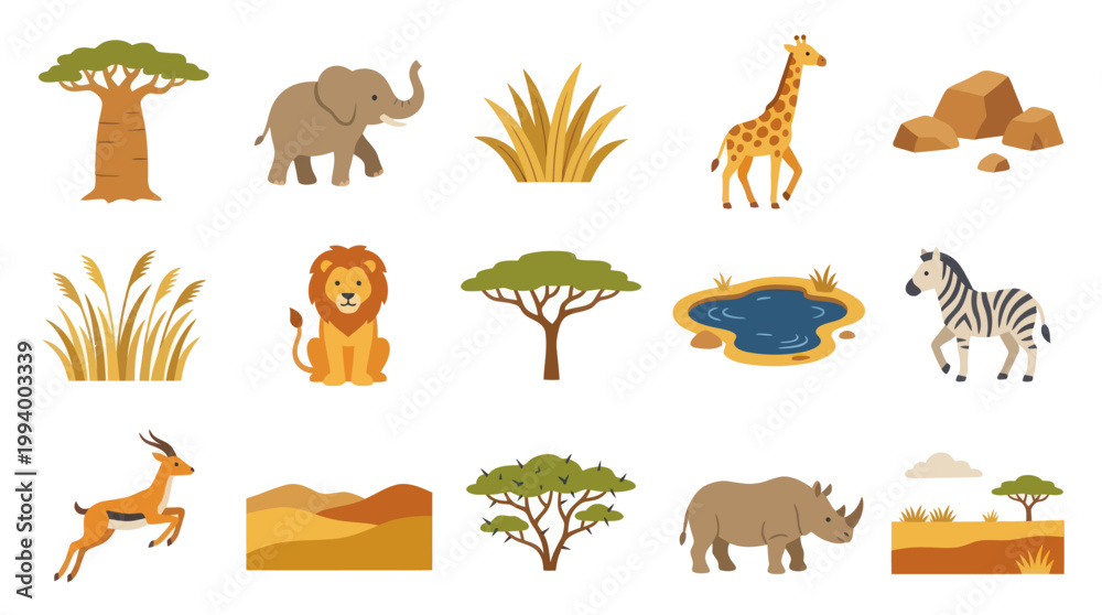 Fototapeta premium African Safari Animals and Landscape Flat Vector Icons