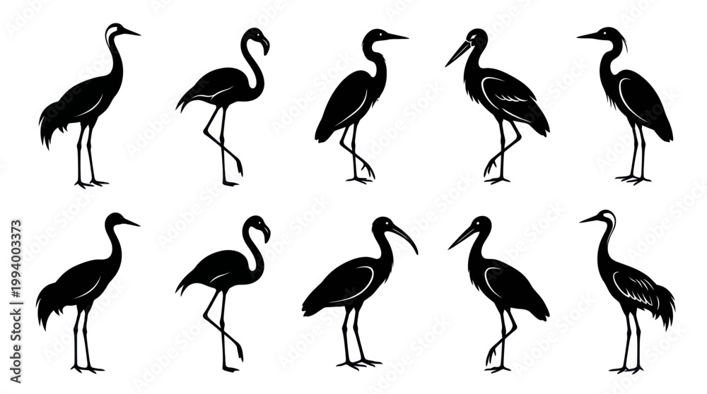 Fototapeta premium Wildlife Wading Birds Black Silhouette Vector Icons Set - Crane, Stork, Flamingo, Ibis Glyphs