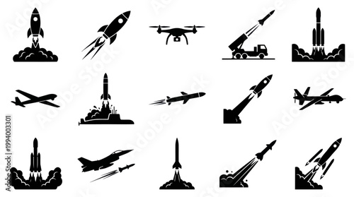 Aerospace Military Missiles, Rockets, Drones, and Aircraft Glyph Icons Set