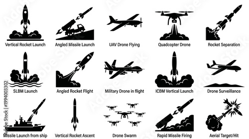 Black and White Icons of Military Missiles, Drones, and Launches