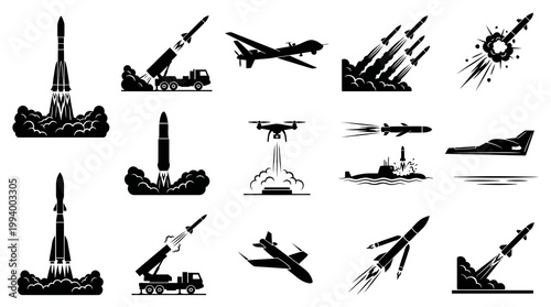 Military Defense Weaponry Glyph Icons Set - Missiles, Rockets, Drones, Jets, Submarines