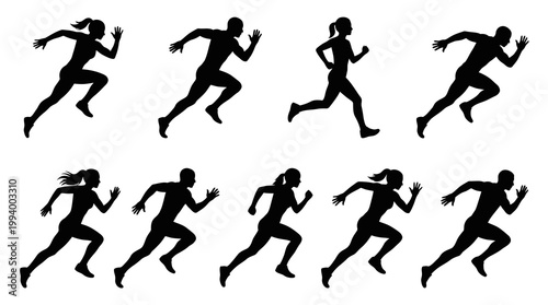 Black and White Silhouettes of Runners in Motion, Sprinting