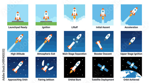 Flat Design Rocket Launch Stages, Space Exploration  Technology