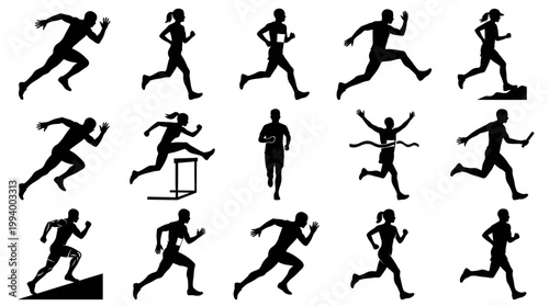 Black and White Silhouette Athletes Running, Hurdles, Relay Race, Track Field Sports
