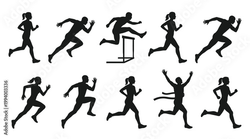Black and White Silhouettes of Runners and Hurdles in Dynamic Poses