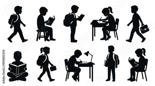 Black Vector Silhouettes of School Children: Education  Learning Kids Icons Set