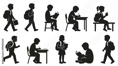 Black  White Vector Silhouettes: School Kids, Students, Education, Learning Activities