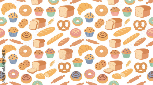 Seamless Pattern of Baked Goods: Croissants, Bread, Muffins, Doughnuts, Pretzels