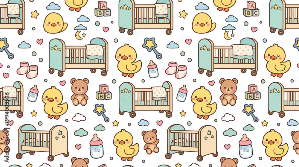 Obraz premium Cute Baby Seamless Pattern with Ducks, Bears, and Cribs - Vector Art