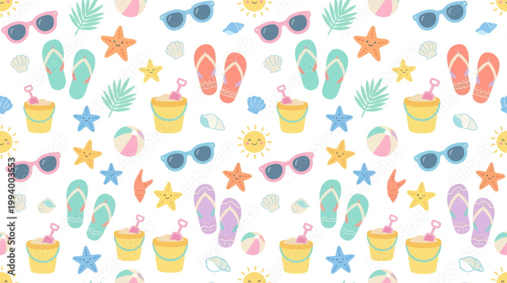 Fototapeta premium Summer Beach Vacation Cartoon Flat Illustration Seamless Pattern
