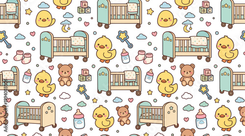 Cute Baby Seamless Pattern with Ducks, Bears, and Cribs - Vector Art