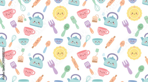 Cute Kawaii Kitchenware Pattern: Teapots, Cups, Utensils, Flat Design