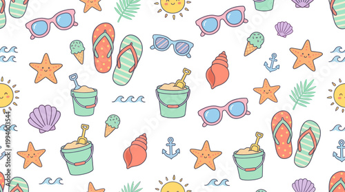 Cute Hand-drawn Summer Beach Holiday Seamless Pattern with Sunglasses, Flip Flops  Sea Icons