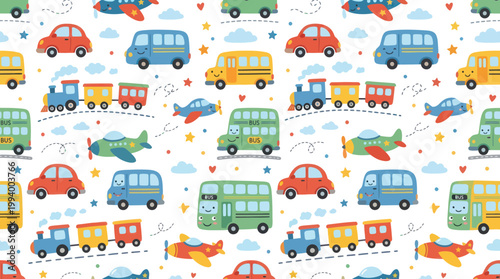Flat Cartoon Children's Transportation Seamless Pattern with Cute Cars, Buses, Trains, Airplanes