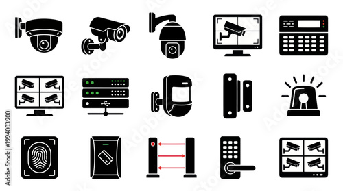 Security Technology Icons: Cameras, Monitors, Access Control, Alarm, Fingerprint