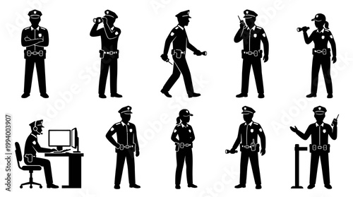 Police Officers Silhouettes Set - Security, Law Enforcement, Vector Icons