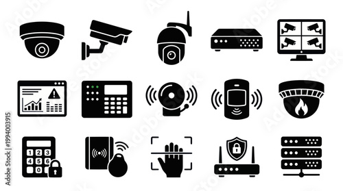 Technology Security System Glyph Icons. Surveillance, Access Control  Safety Devices Set.