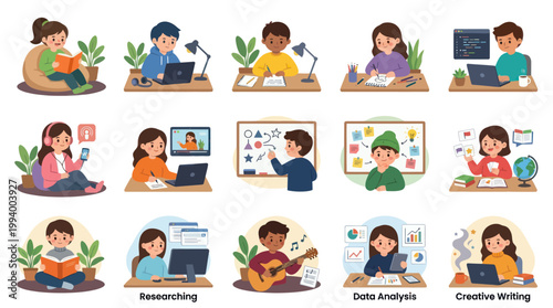 Children Learning Online Studying Diverse Subjects Flat Vector Icons