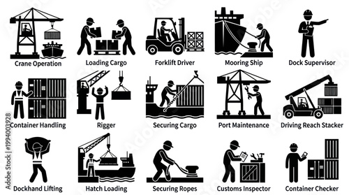 Port and Shipping Icons: Crane, Forklift, Ship, Container Handling, Dock