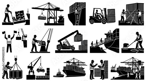 Shipping and Logistics Icons: Crane, Forklift, Ship, Worker - Black  White Glyph Art