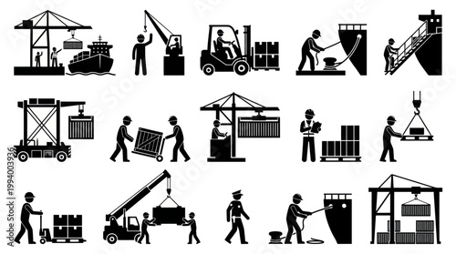 Black and White Icons of Port and Shipping Logistics, Crane, Forklift, Cargo