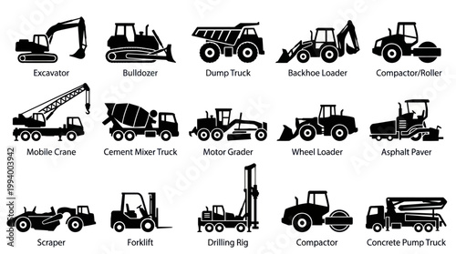 Black and White Vector Icons of Construction Vehicles and Heavy Equipment