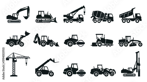 Construction Vehicles Heavy Equipment Glyph Icons Set Black  White Silhouettes