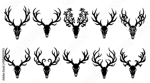 Black and white vector deer skulls, hunting trophy, graphic design