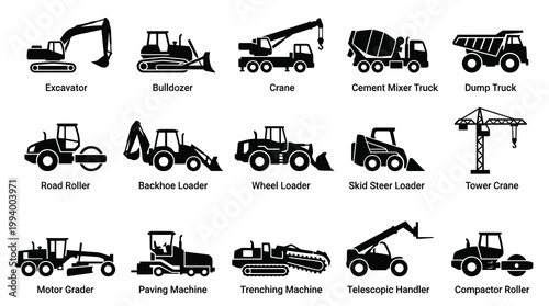 Black and White Construction Equipment Icons Set