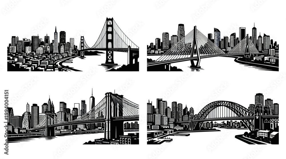 Obraz premium Urban Cityscapes Iconic Bridges Black White Vector Line Art Collection