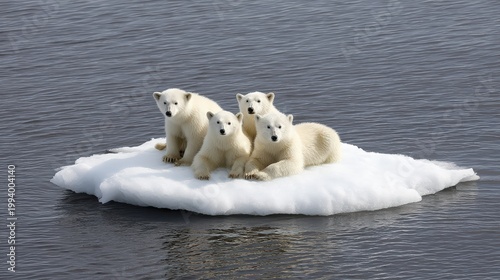 Four polar bear cubs sitting together on a small floating ice floe