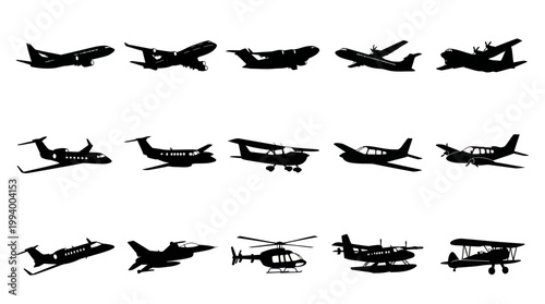Silhouette Collection of Various Airplanes and Helicopter Icons