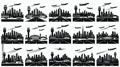 Global City Aviation Travel Airplanes Airport Black Silhouette Glyphs Set